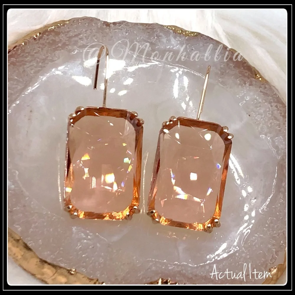 NEW GOLD MEGA EMERALD CUT SIMULATED PEACH SHERBET BLUSH TOPAZ CUSHION EARRINGS
